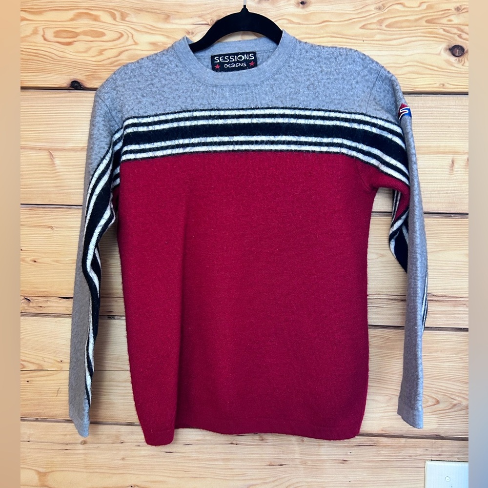 SESSIONS Wool Thick Sweater‎ Red Grey Striped Boys Size Medium 18” p2p Quality